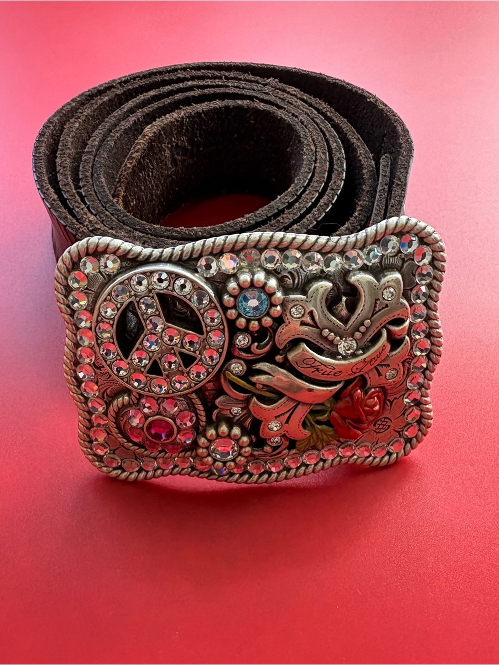 Nocona XL Rhinestone Western Belt Peace Sign True Love 🌹 Brown Genuine Leather